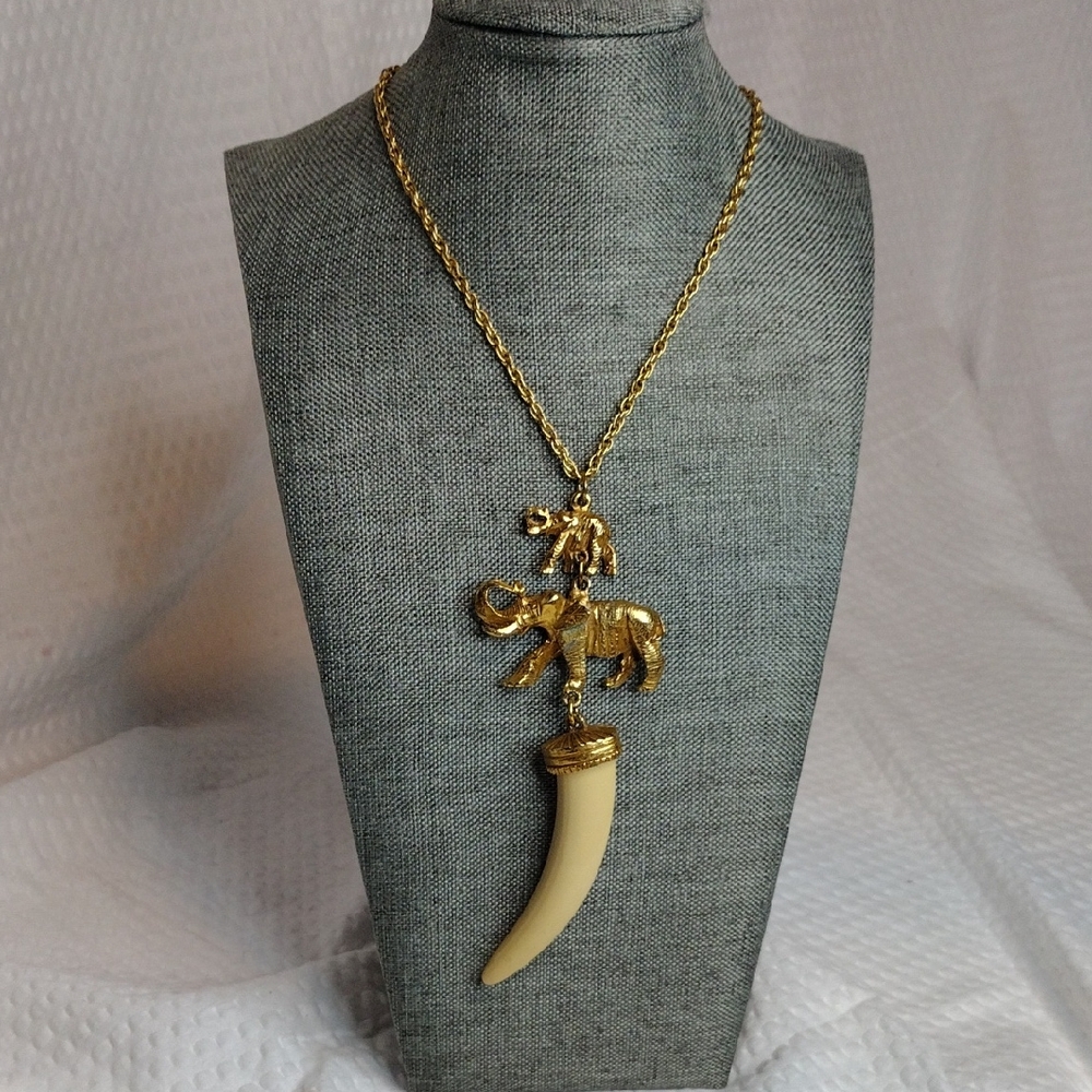 Vintage Kenneth Jay Lane For Avon Gold Tone Elephant And Faux Ivory Necklace